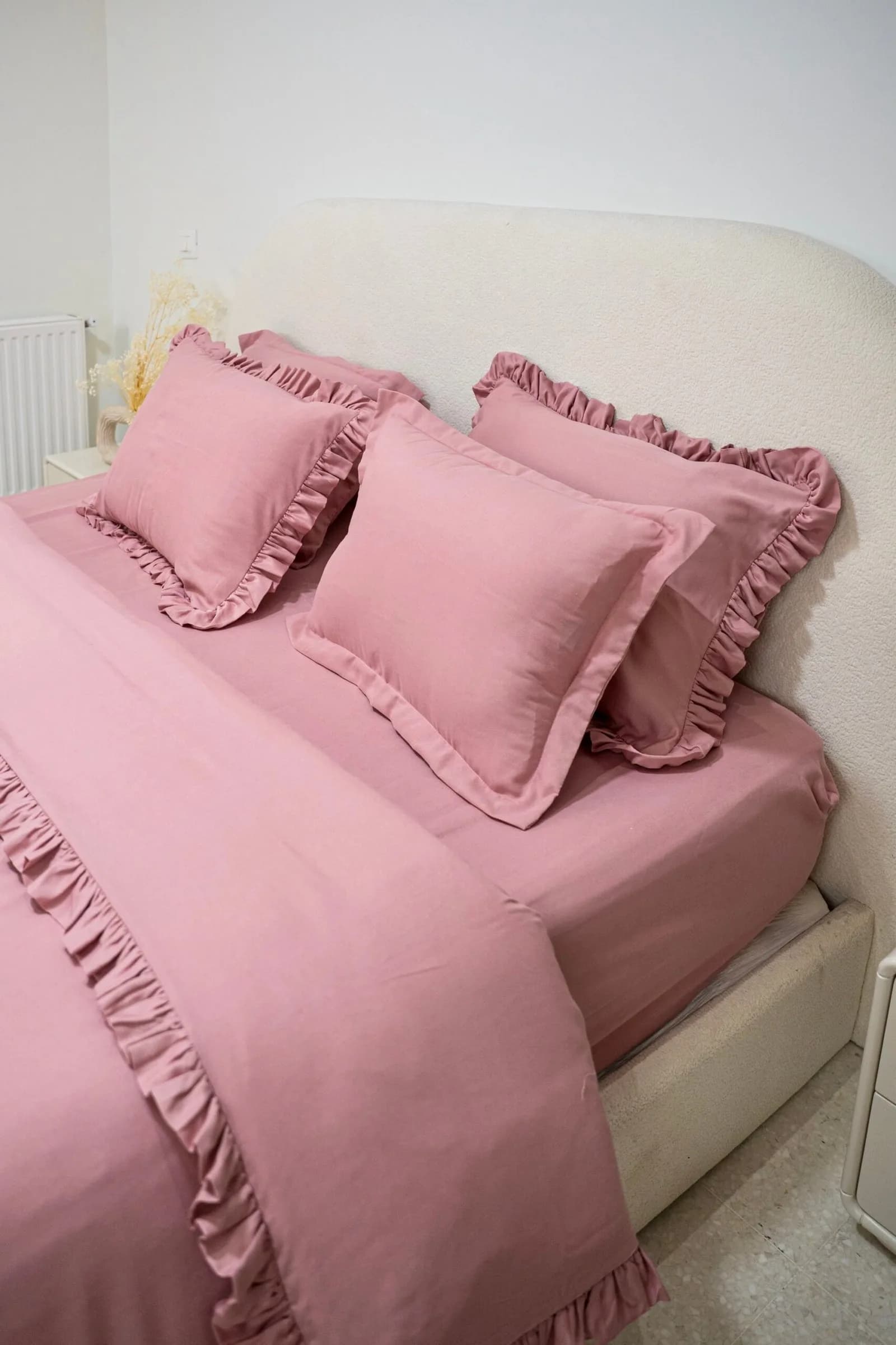 Housse de couette à volants rose poudré  – Élégance et douceur | Tunisie