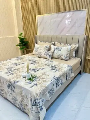 Parure de lit 7 pièces avec housse + drap + 4 taies + coussin déco