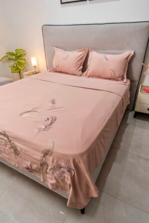 Housse de couette 100% Coton Rose Poudré Brodé "Plume" (4 pièces) | A la Page Tunisie